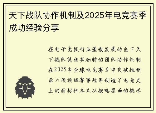 天下战队协作机制及2025年电竞赛季成功经验分享